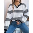 thumbnail image 4 of Womens Oversized Striped Tunic Sweaters Casual V Neck Long Sleeve Color Block Knit Pullover Jumper Tops White S, 4 of 9