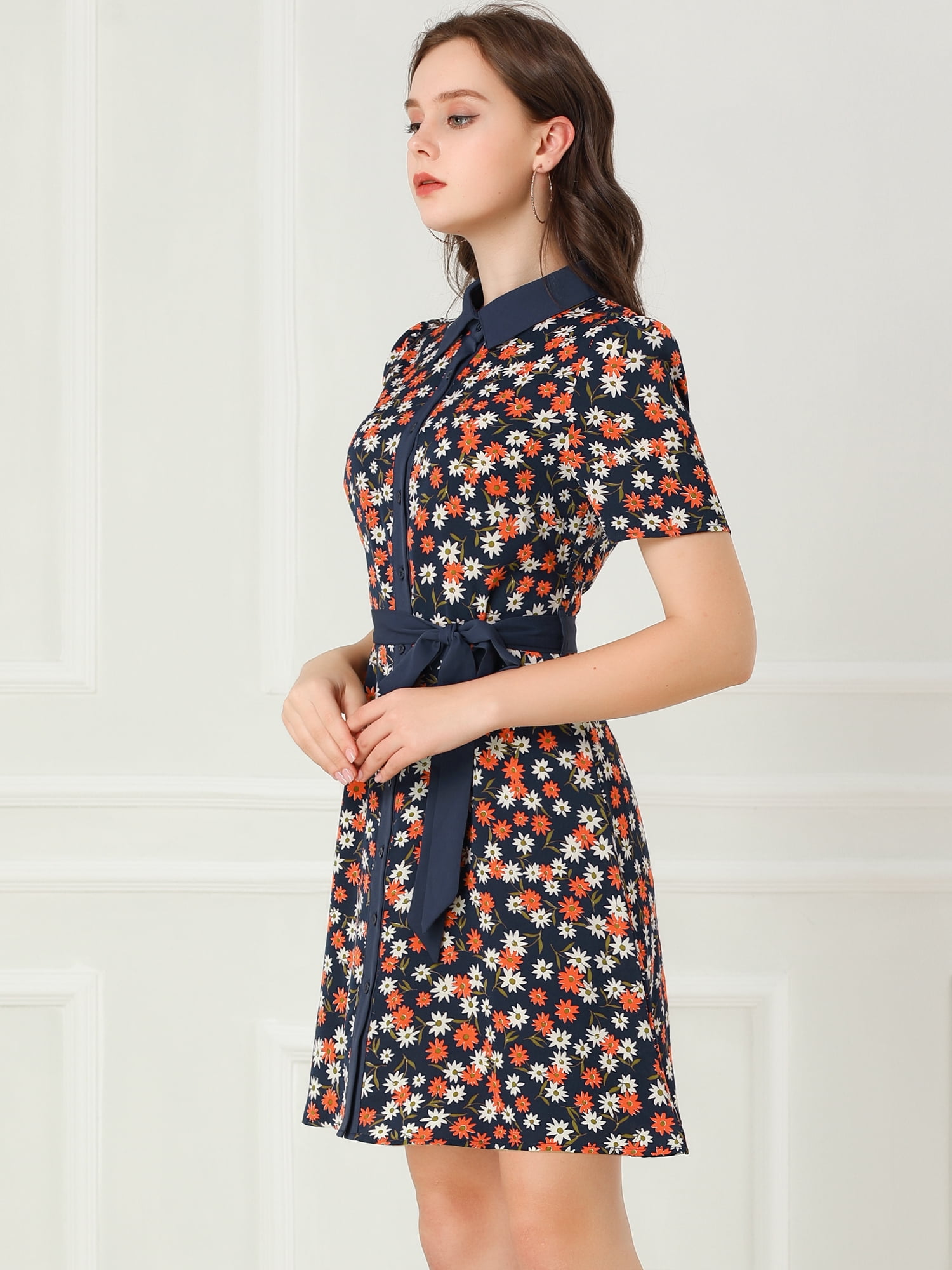DARING DIVA  Contrast Collar Short Sleeve Belt Shirt Dresses M Black