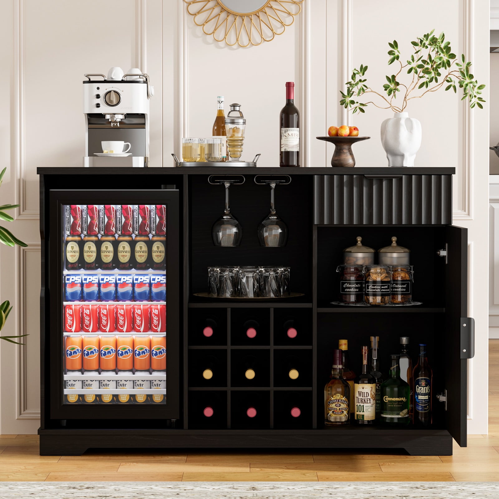 BROTTAR Fluted Wine Bar Cabinet with Fridge (Fridge Included), 47" Coffee Bar Cabinet with Wine Rack and Glass Holder, Liquor Cabinets with Drawer & Storage, Home Bar for Dining Room Kitchen, Black