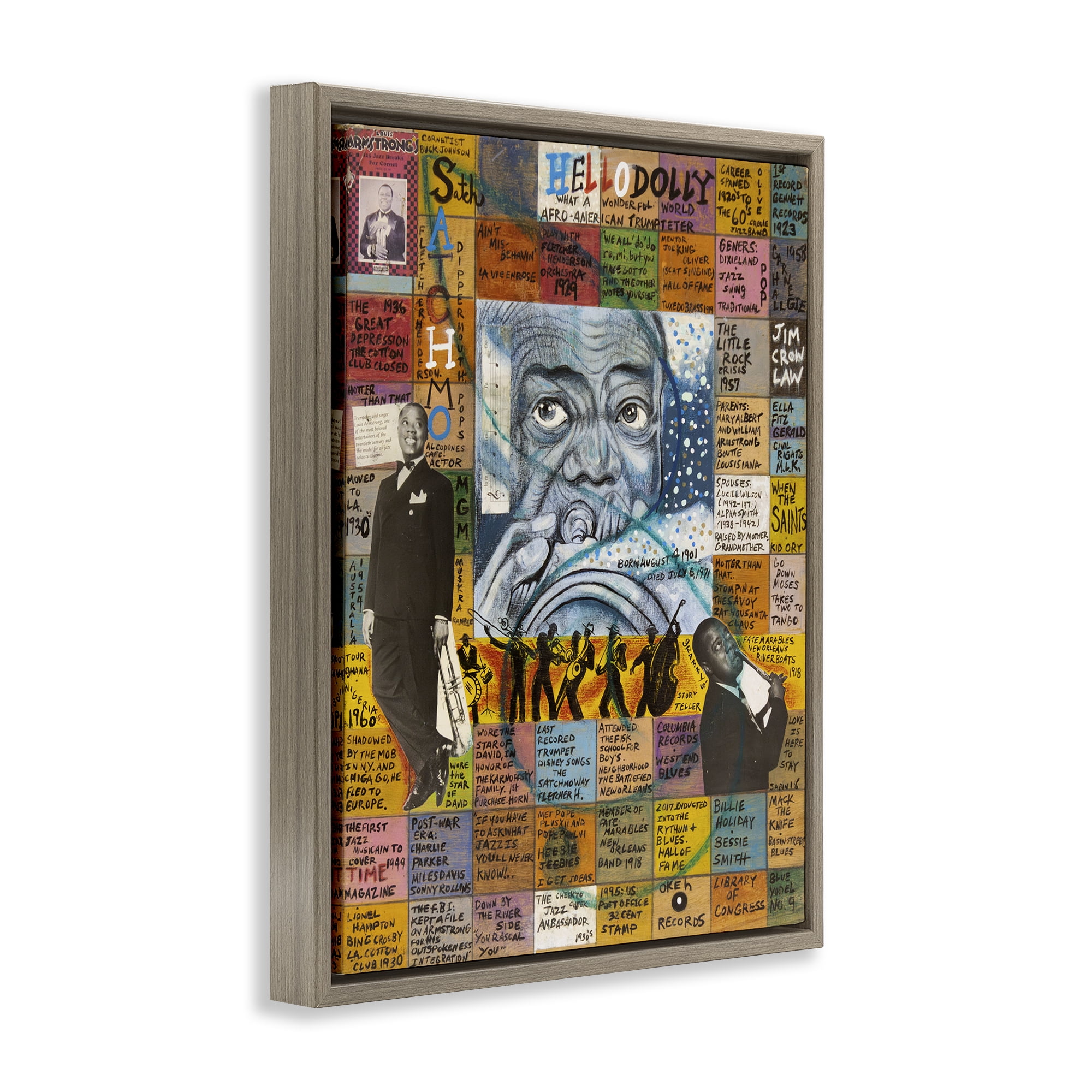 Stupell Industries Louis Armstrong Collage People Drawing Brown Floater Framed Canvas Art Print Wall Art, 25 x 31