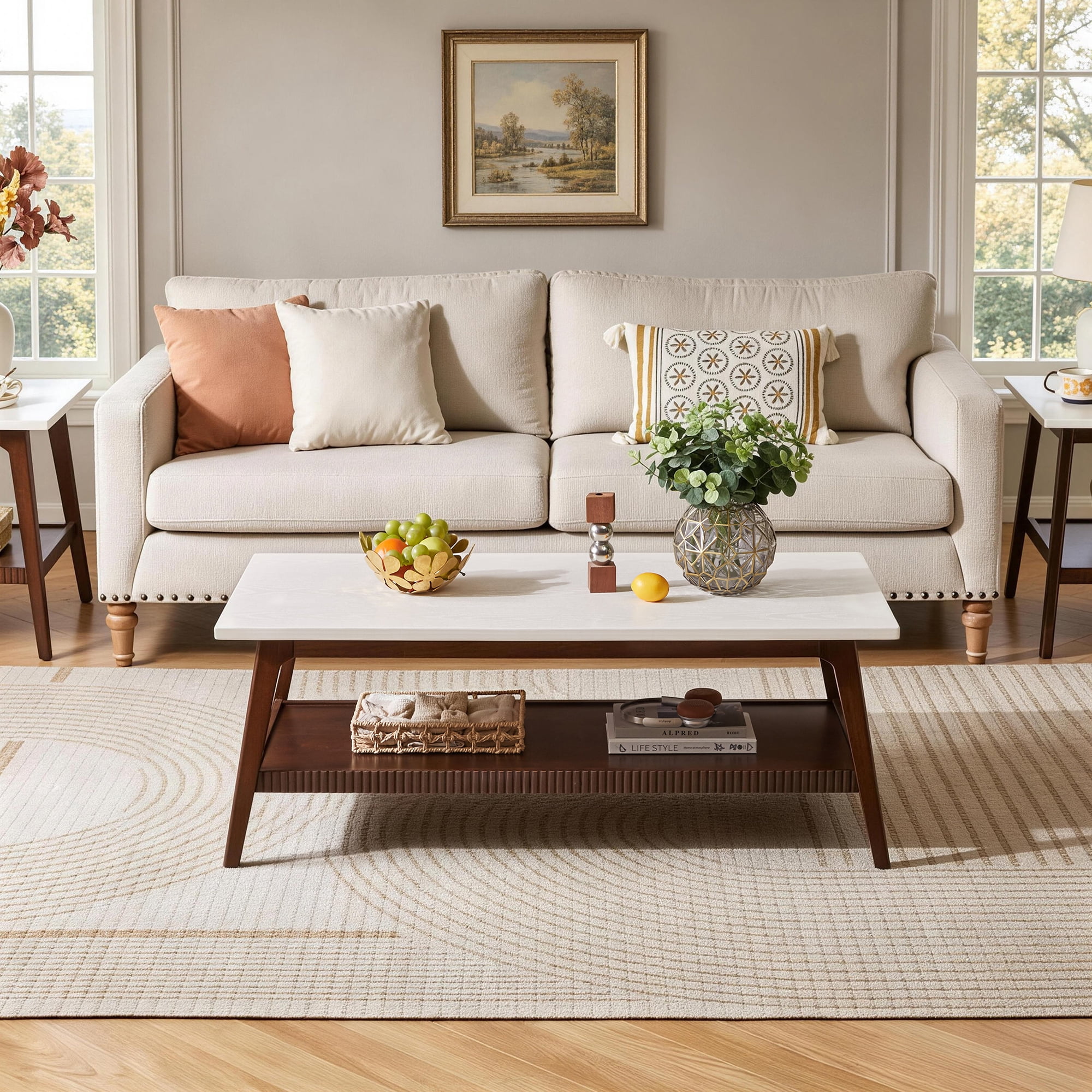Garitin Coffee Table and Mid Century Modern Center Table 47.24 Inch, Two Tone Wooden Cocktail Table with Lower Storage Shelf for Living Room, Walnut and White