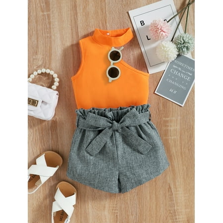 

Sleeveless Toddler Girls Asymmetrical Neck Tank Tops T Shirt Paperbag Waist Belted Shorts S221904X Multicolor 90(1-2Y)