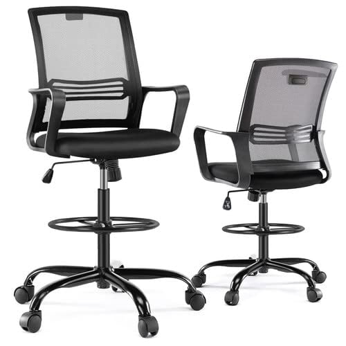 Drafting Chair, Tall Office Chair with Adjustable Foot Ring, Standing Desk Chair with Ergonomic Lumbar Support and Adjustable Armrests, Swivel Rolling Tall Chair, Breathable Mesh, Heigh