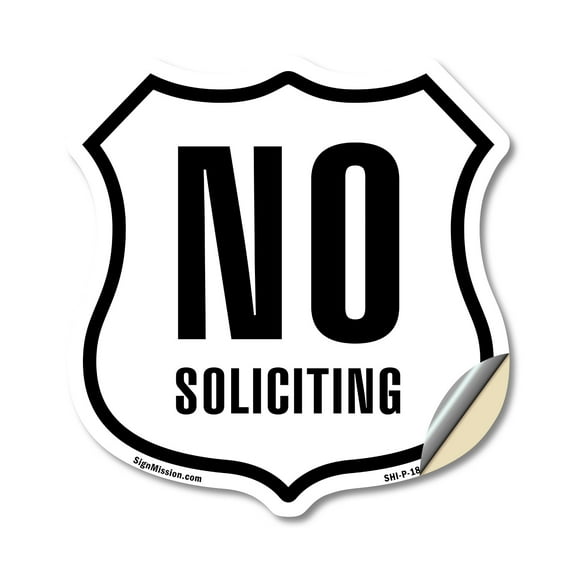 No Soliciting (2 Pack) 12 inch X 12 inch Shield Shaped Heavy Duty 3.2 mil Vinyl Decals Weather Resistant Made in the USA