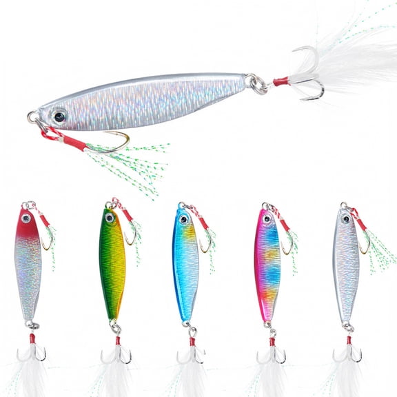 Wizlet Long‑Cast Metal Jig Fishing Lure, Rainbow Laser Hard Bait With Feather Treble Hooks, Artificial Spoon Lure for Trout Bass and Inshore Game Fish