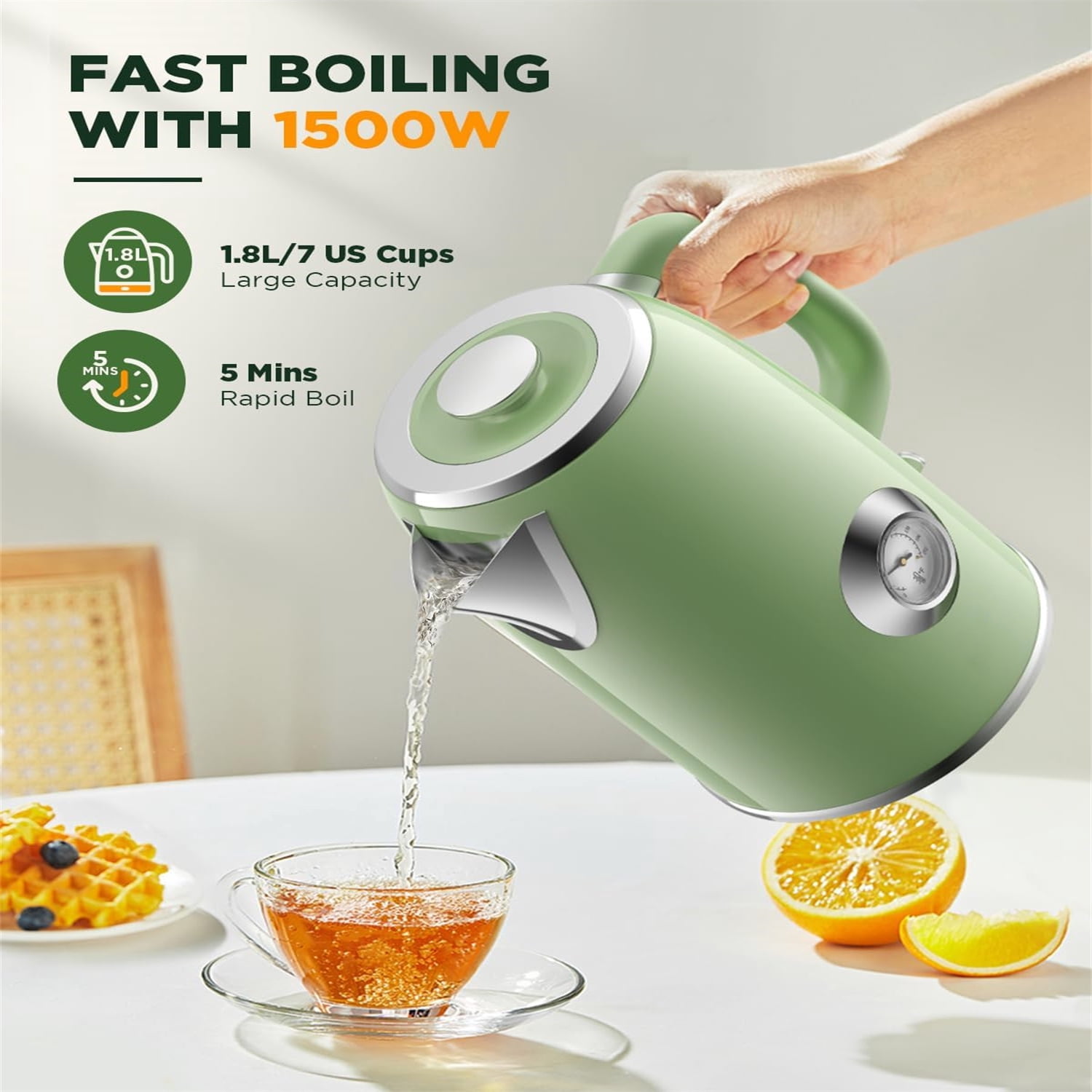 1.8L with Temperature Gauge, 1500W Fast Boiling Electric Tea Kettle, 100% Stainless Steel Retro-Style Hot Water Kettle Electric - Glowing LED Light, Auto Shut-Off & Boil-Dry Protection