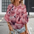 thumbnail image 3 of Pink Flamingos Crowded Together Closely Women's V-Neck Blouse With 3/4 Ruffled Bell Sleeves Casual Top Ladies Blouses, 3 of 7