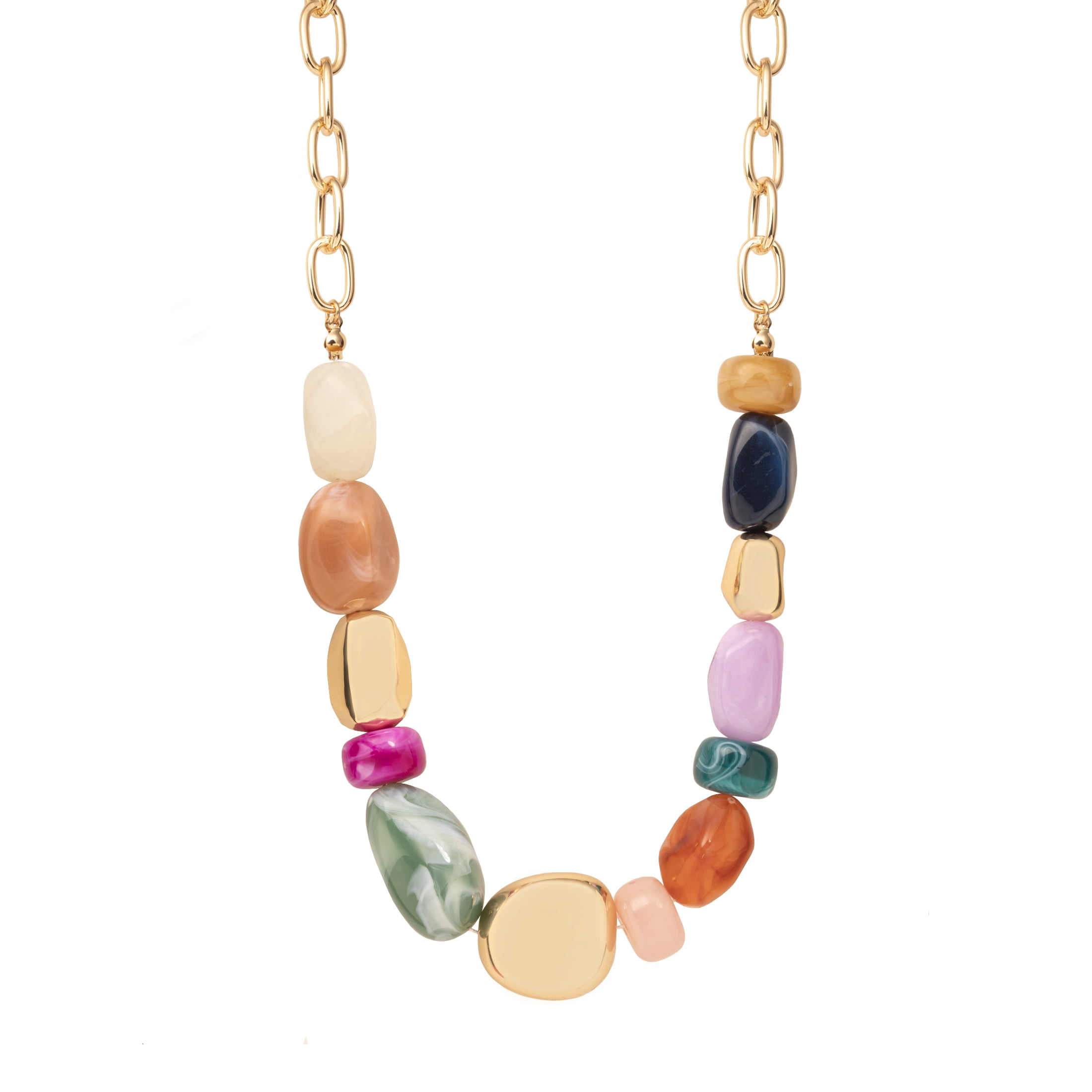 Time and Tru Women's Gold Tone Statement Necklace with Colorful Beads and Chain Detail