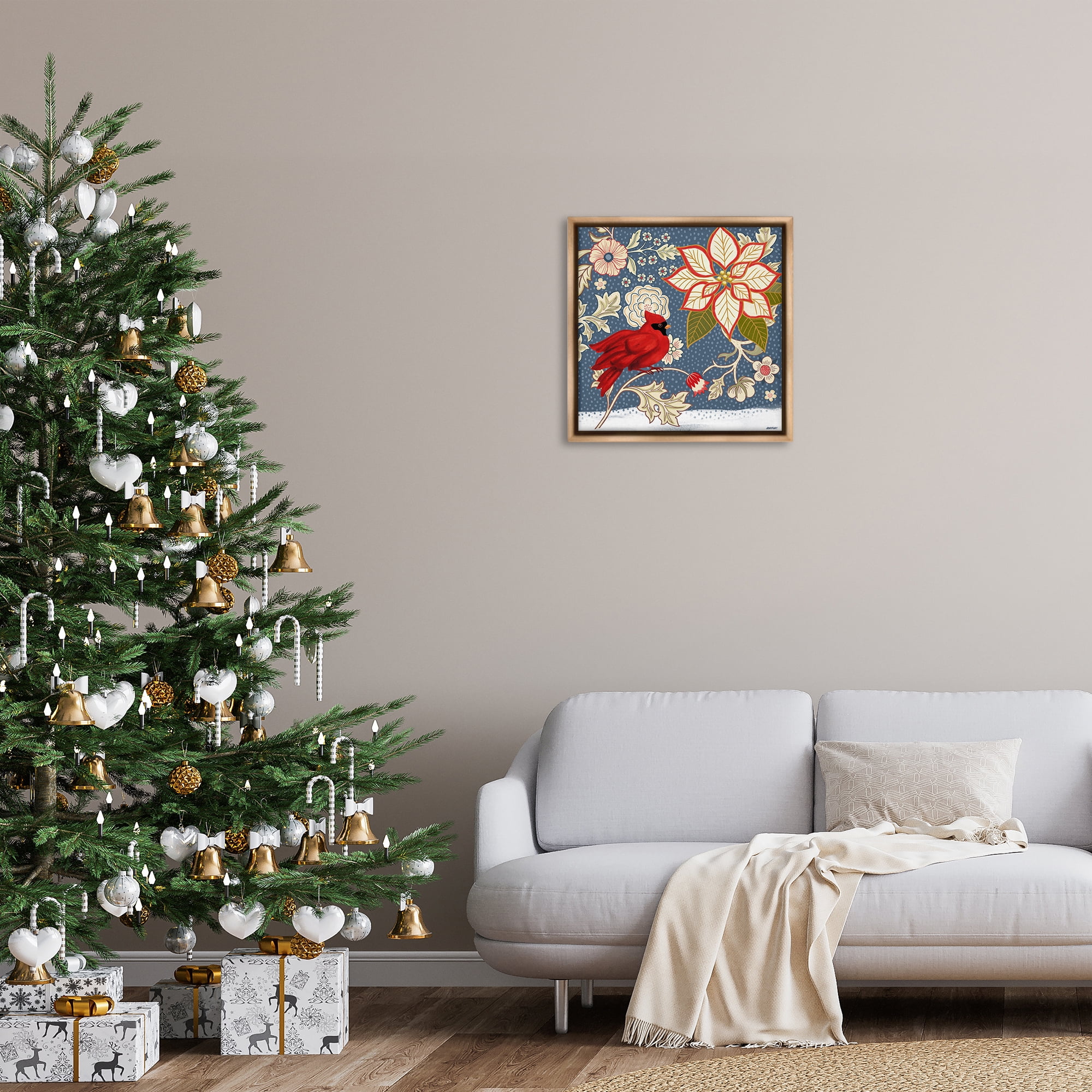 Stupell Industries Winter Cardinal with Flowers Animals & Insects Painting Brown Floater Framed Canvas Art Print Wall Art, 25 x 25