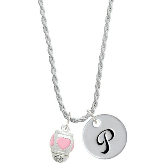 Delight Jewelry Silvertone Pink Heart Spinner Silvertone Script Initial Disc - P - Charm Necklace, 20"+3"