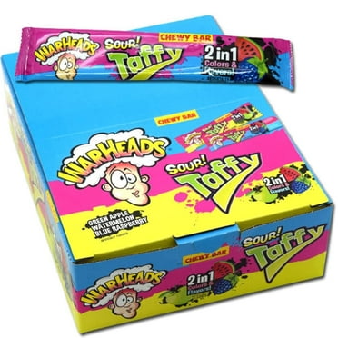 Warheads Sour Taffy 2 in 1 Chewy Bars, Gluten-Free, Blueberry/Watermelon Flavor, 1.5 oz, Pack of 24