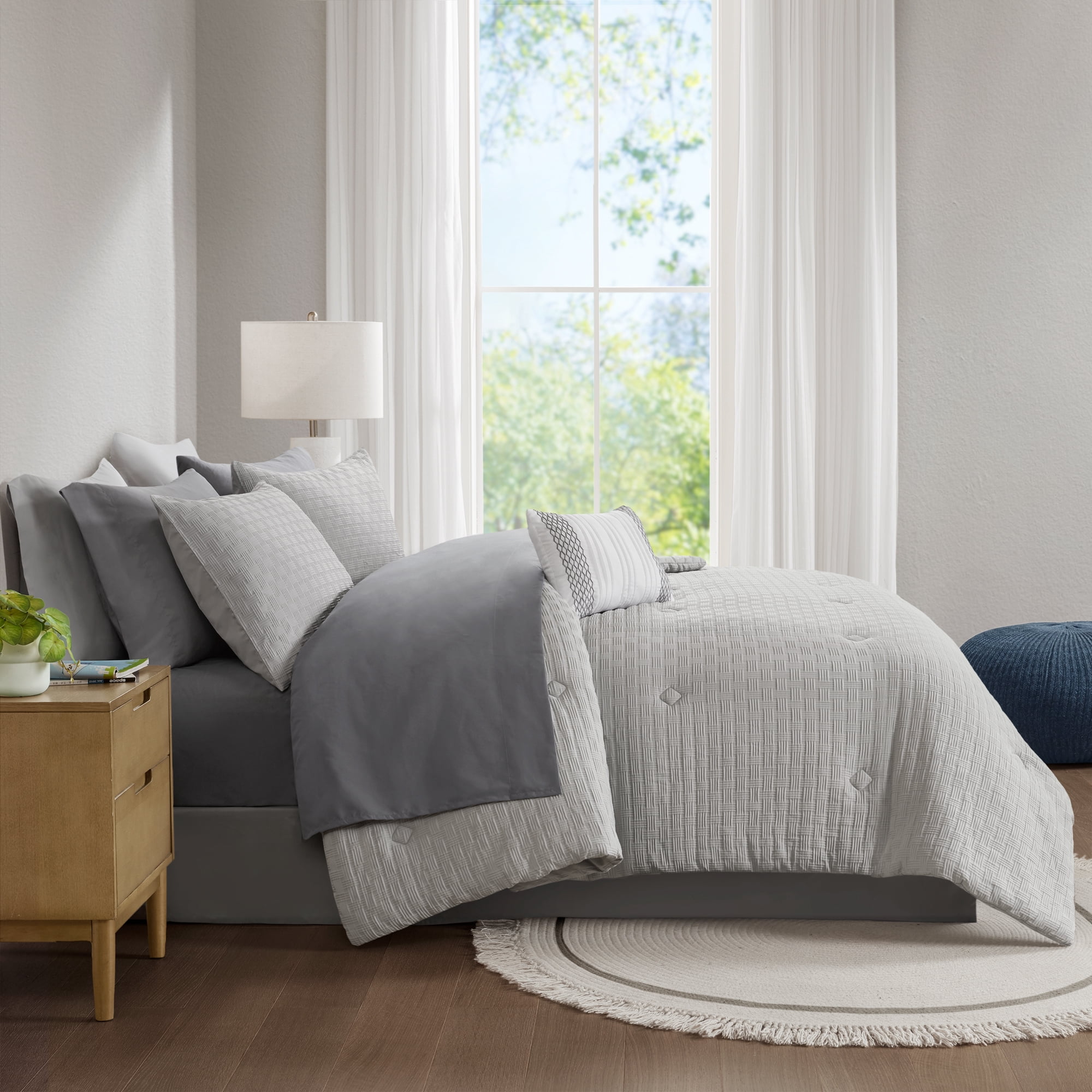 Mainstays 11-Piece Bed in a Bag Comforter Set with Sheets, Grey Basketweave, Queen