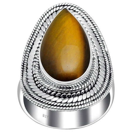 11 Ctw Natural Pear Cut Brown Tiger Eye Ring, Bezel Setting 925 Sterling Silver Ring, Best Gift For