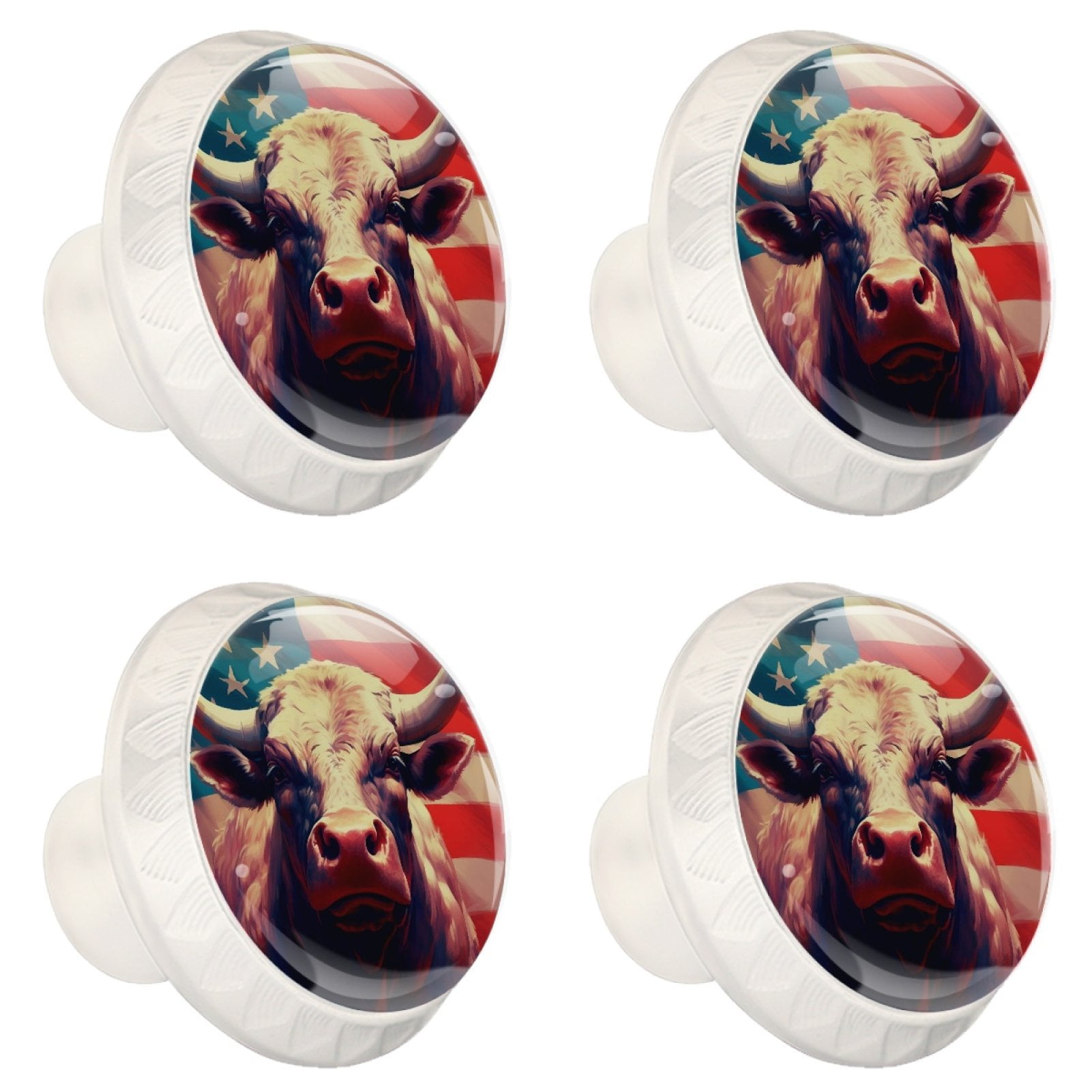 4 Pcs Cow American Flag Knobs for Kitchen Cabinet Cupboard Dresser Bookcase Drawer Pulls Handles Round Home Decor