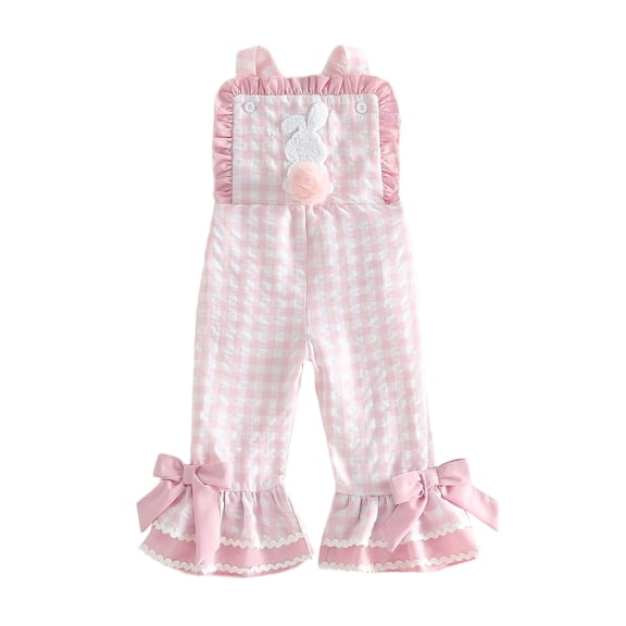 JAJAHO Girls Easter Bunny Overalls Kids Toddlers Girl Clothes Rabbit Embroidery Plaid Flared Cropped Jumpsuit Holiday Outfit 6M-5Y Soft Onesie