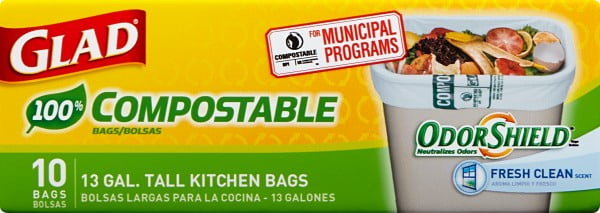 Glad 100% OdorShield Compostable 13 GAL Tall Kitchen Bags 10 Bags Case Of 12 