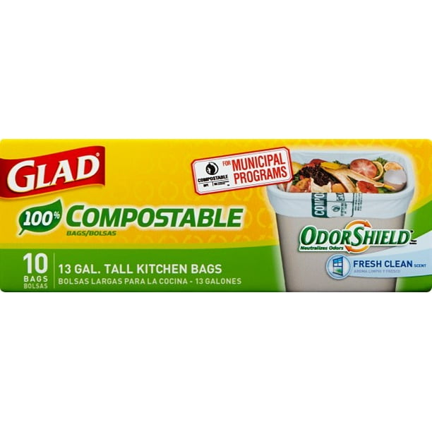 Glad Odorshield Tall Kitchen 100 Compostable Trash Bags Fresh Clean 13 Gallon 10 Count Walmart Com Walmart Com