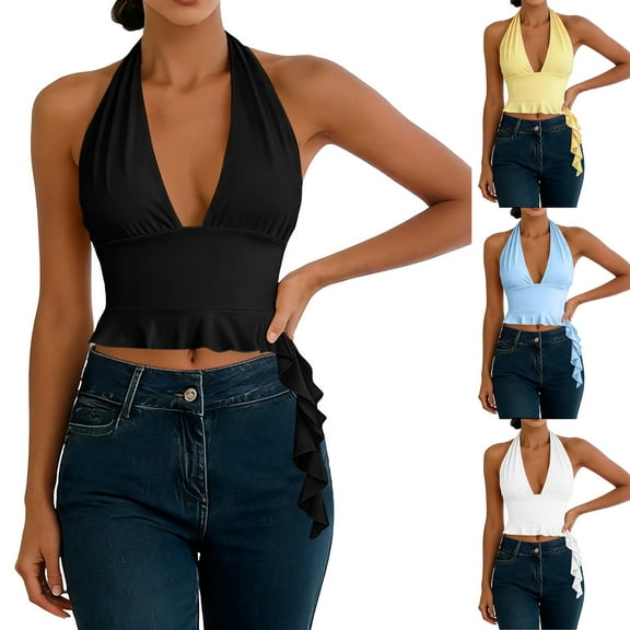 yueewhu Women's Sexy Deep V-Neck Halter Crop Top Summer Beach Vacation Clothes Y2K Trendy Tank Top for Going Out Party (Yellow, M)