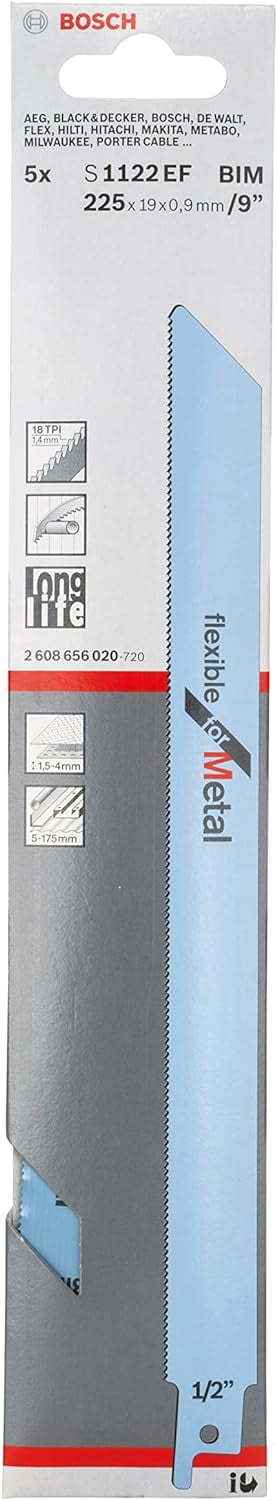 Bosch Accessories 5 pieces Reciprocating Saw Blade S 1122 EF Flexible for Metal (for metal, 225