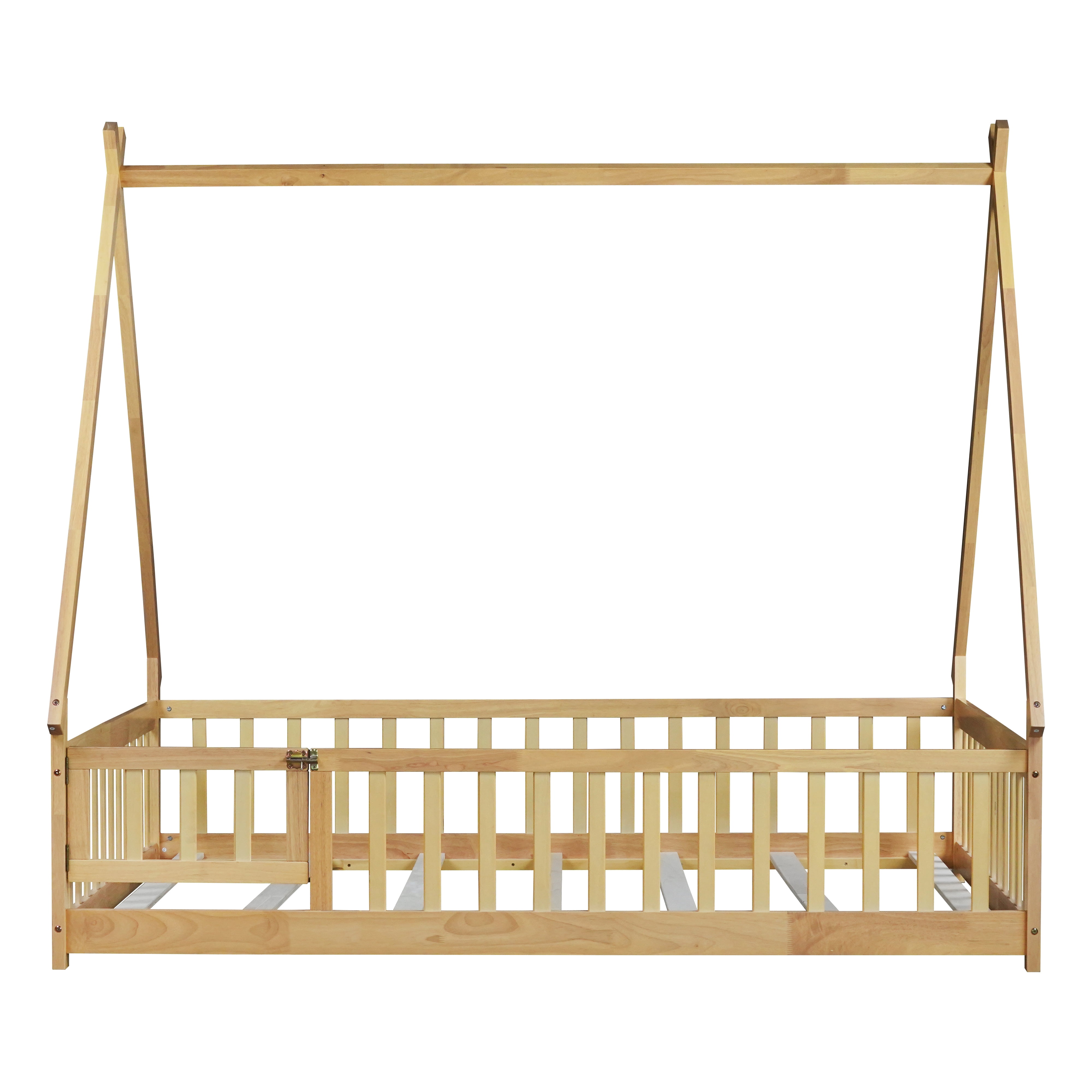 Miniyam Full Size Teepee Tent Floor Bed with Guardrails and Lockable Door, Wooden Montessori Bed with Slats for Kids Bedroom, Natural