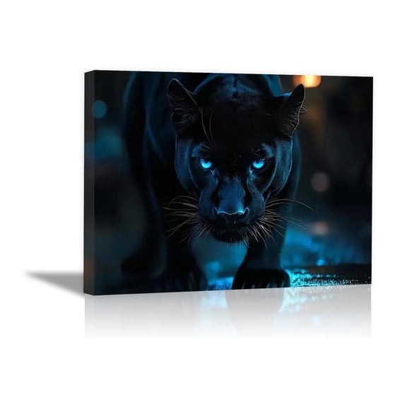 Mudket Blue Eyed Black Panther Night Scene Canvas Wall Art, Moody Modern Wildlife Cool Posters Print Waterproof Canvas for Man Cave Office Living Room Home Decor, Framed Ready to Hang - 12"L x 8"W