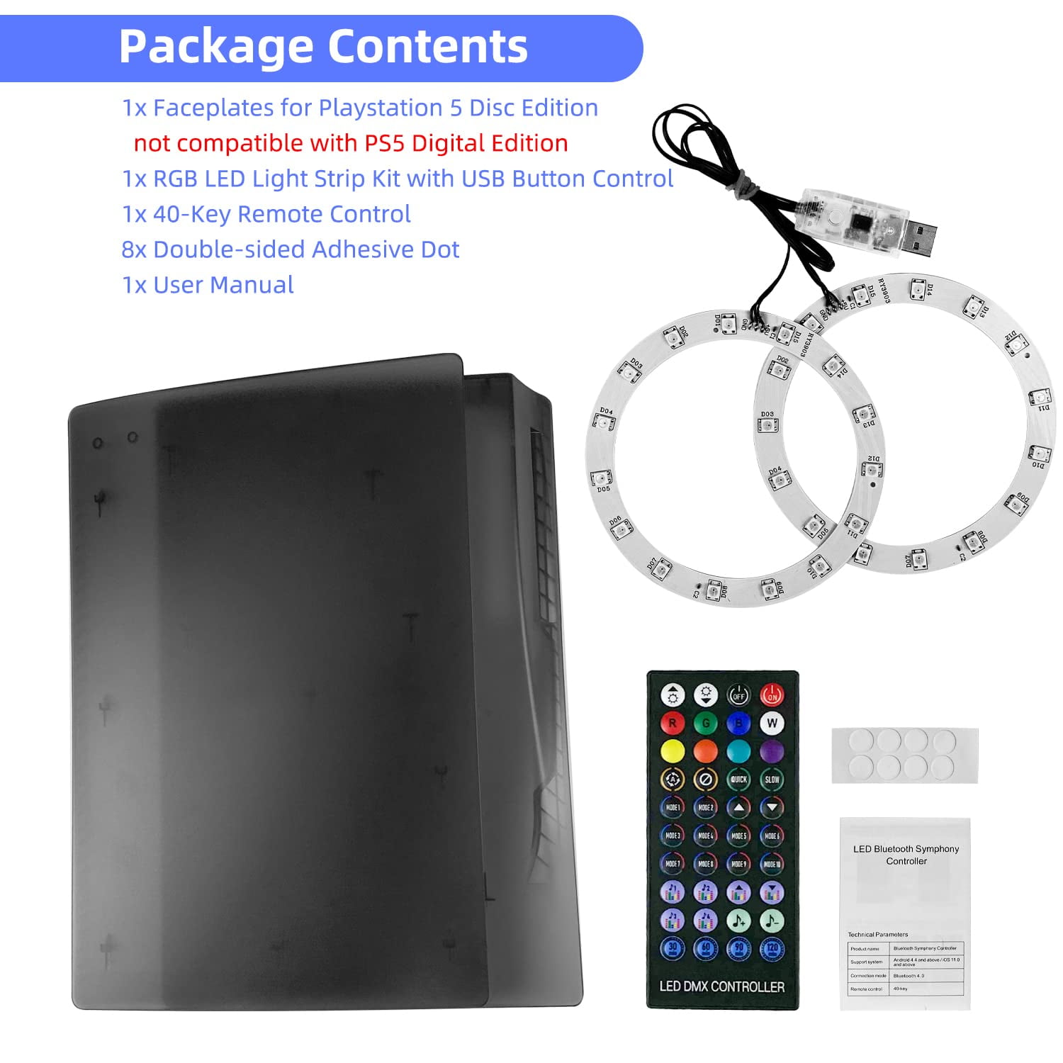 Mytrix PS5 Faceplate 2 in 1 Translucent Black Plates for PS5 Disc Edition + RGB LED Music Sync Light Strips Kit: Replacement Console Face Plate, Sound Sync Mode Lighting with 8 Colors 400+ DIY Effects