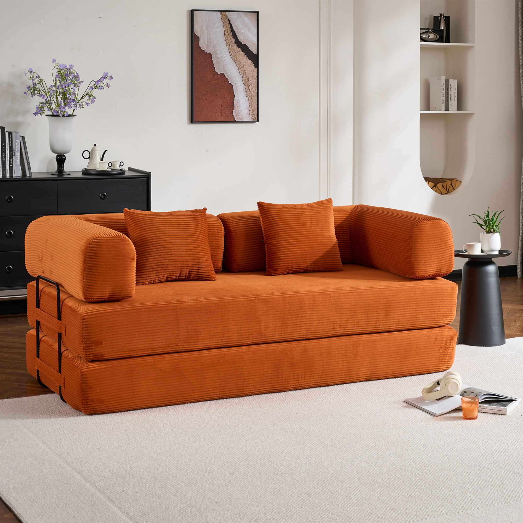 BSHTI 77" Corduroy Convertible Sleeper Sofa Bed with Cylindrical Pillow, No Assembly, Small Space for Living Room（Orange）