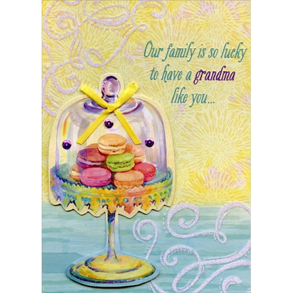 Designer Greetings Macaroons Under Glass with Yellow Ribbon Hand Decorated Designer Boutique Keepsake Birthday Card for Grandma