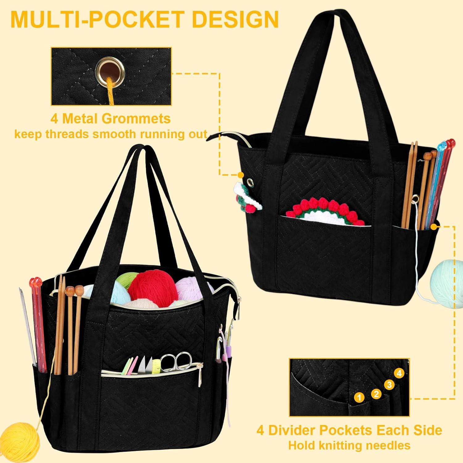 Crochet Bag Organizer for Yarn Storage, Velvet Knitting Tote Bag with Double Handle for Crochet Accessories, Portable Travel Case for Yarn Balls, Crochet Hooks& Knitting Needles Holder (Black)