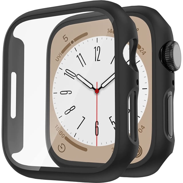 2 Pack Hard PC Case Compatible with Apple Watch Series 8 Series 7 45mm Screen Protector, Tempered Glass Film Hard Bumper Anti-Scratch HD Ultra-Thin Protective Cover for iWatch 45mm, Black+Black