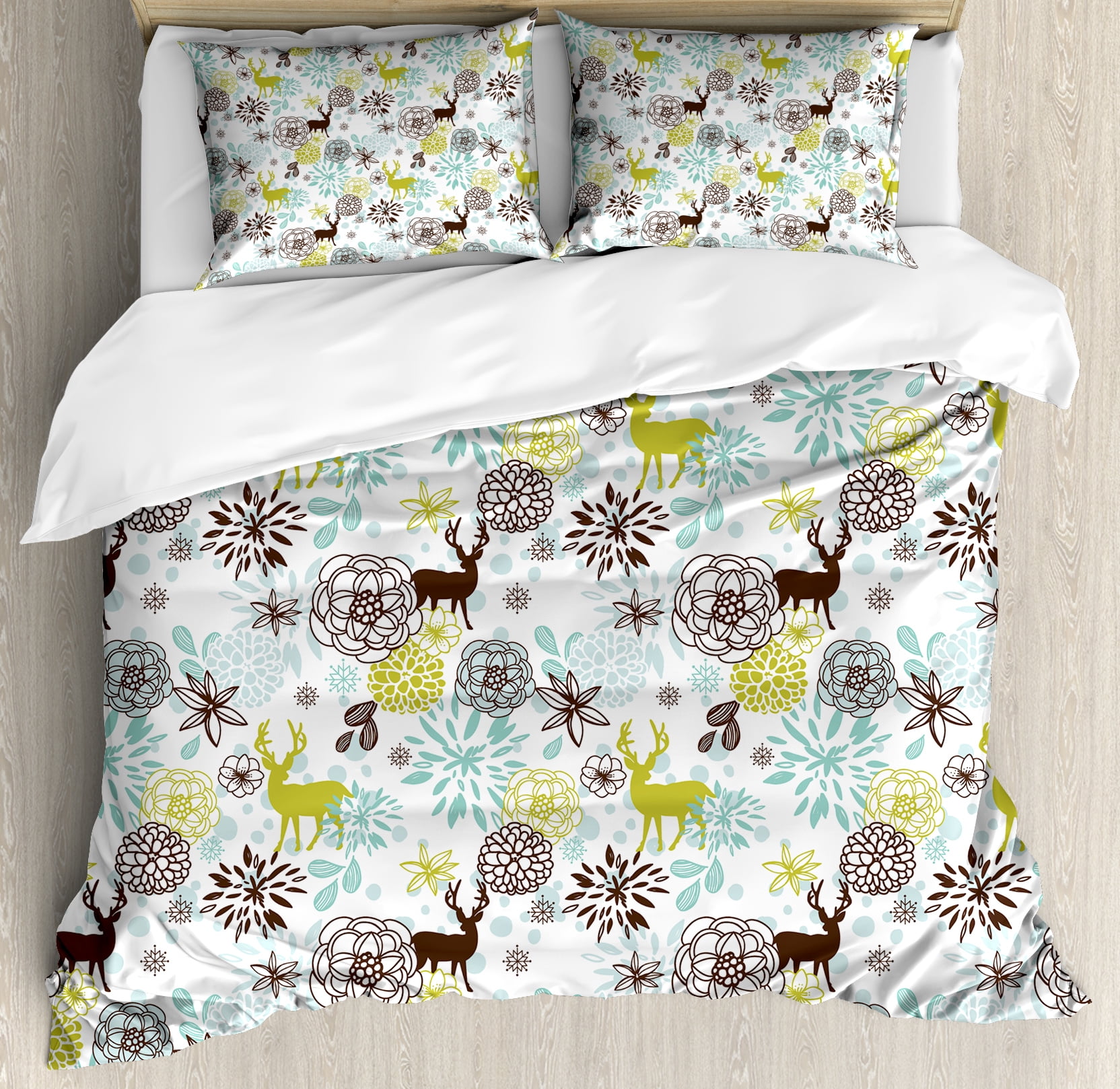 Deer Duvet Cover Set Winter Themed Ilration With Deer Duvet Cover Set Winter Themed Ilration With Birds Snowflakes Fl Decorative Bedding Pillow Shams Yellow Green Seafoam