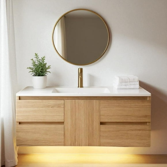 ESSENCIA Meuble-Lavabo de Salle de Bain Flottant de 48 Pouces, avec Lumière DEL et Capteur de Mouvement, Armoire en Bois Résistante à l'Eau, Comptoir en Pierre Frittée Robuste, Lavabo en Céramique, Silvana (Chêne Naturel)