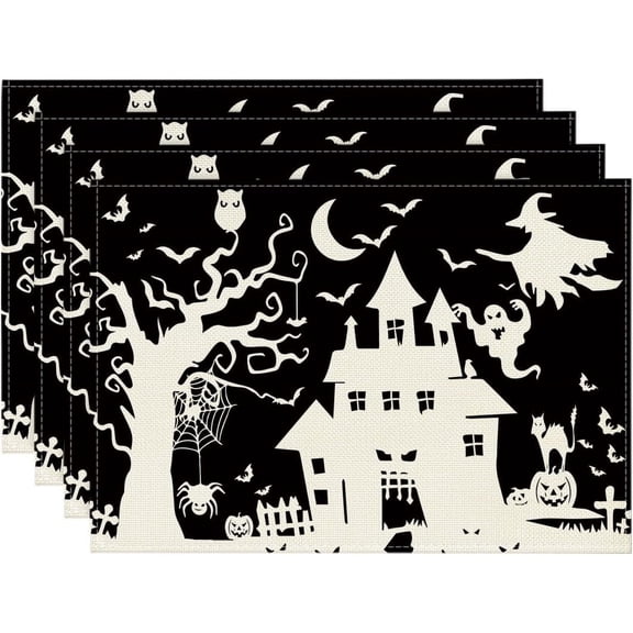 Spooky Haunted House Tree Ghost Witch Halloween Placemats Set of 4, 12x18 Inch Seasonal Fall Table Mats for Party Kitchen Dining Decoration