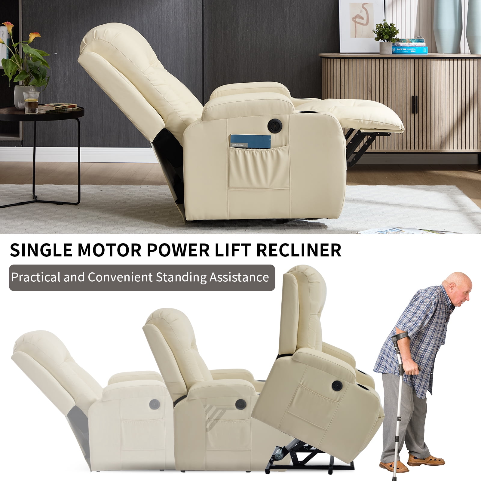 Power Lift Recliner Chair with Massage and Heat,Faux Leather Soft Chair with USB Charging&Cup Holders, Infinite Position Reclining,Heavy Duty 350 LBS Capacity