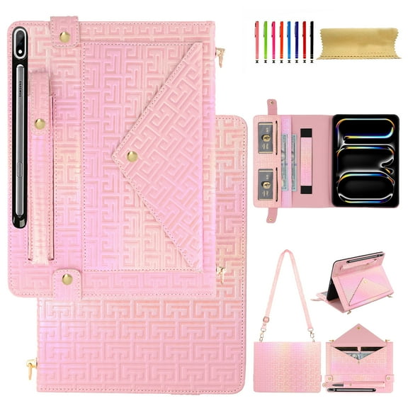 For Samsung Tab S10 Ultra/S9 Ultra/S8 Ultra Wallet Case,With Shoulder Strap&Hand Strap With Elastic,[Stylus Slots&Envelope Pocket,Card Slots],Flip Folio Stand PU Leather Shockproof Cover,Deeppink