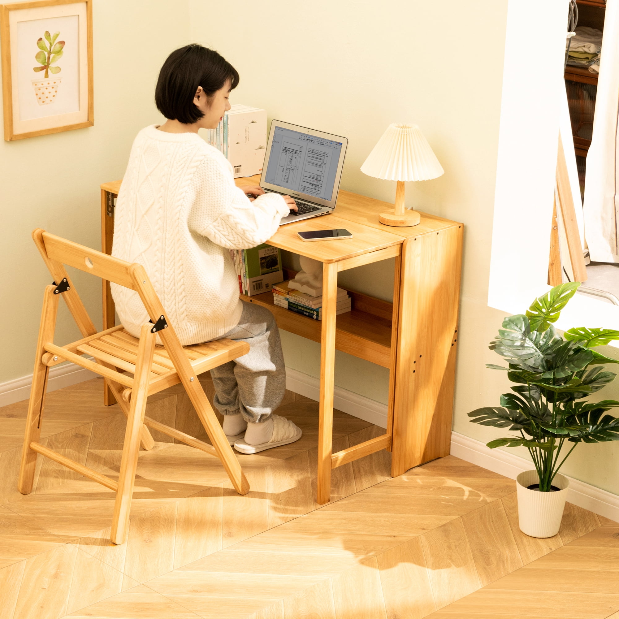 Leumius Bamboo Folding Desk,Space-Saving Computer Desk for Small Spaces, Foldable Study Table for Bedroom Home Office Dorm Apartment (Natural)