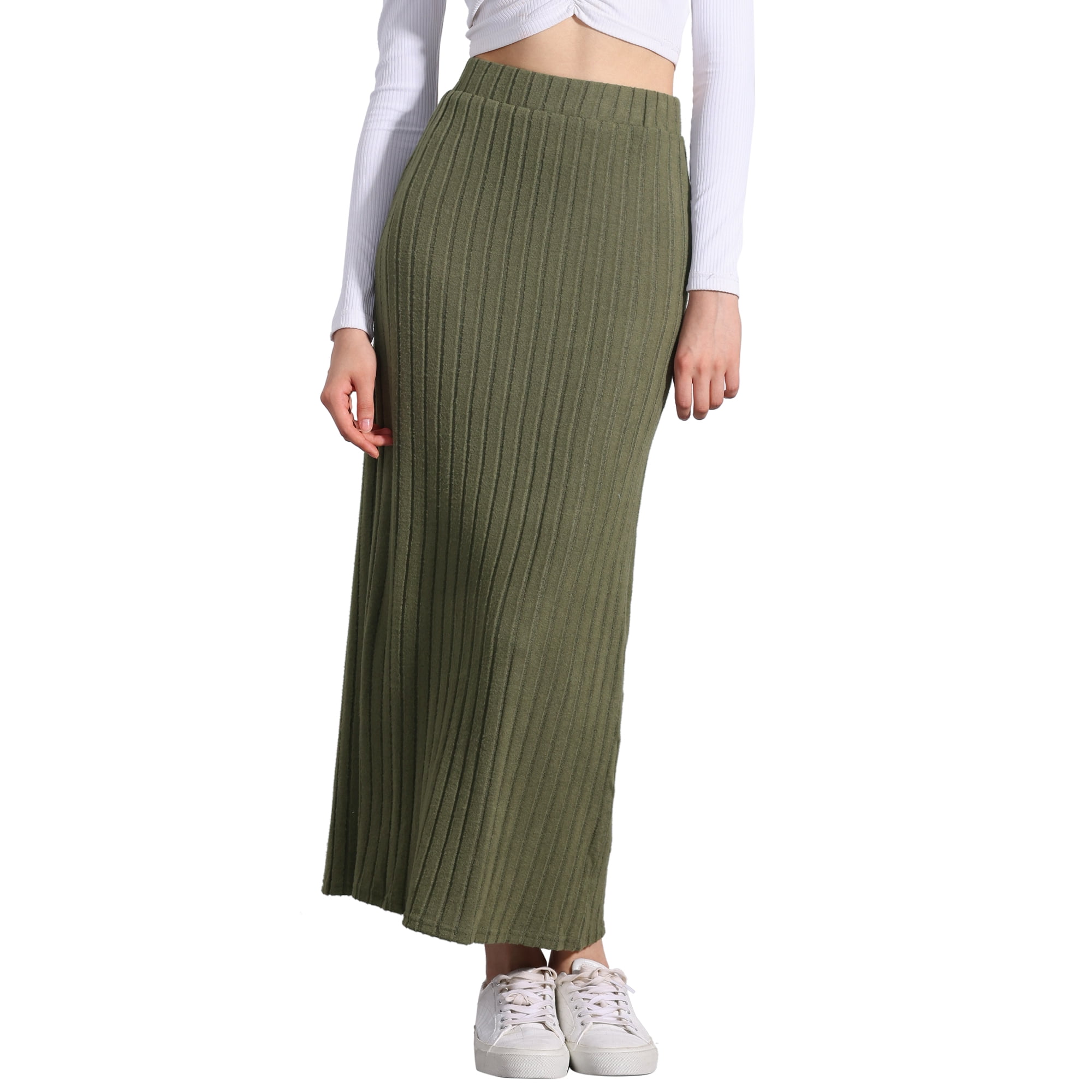 Unique Bargains Knit Midi Skirt for Women s Slit Bodycon Hight Waist Skirt Army Green 2XL