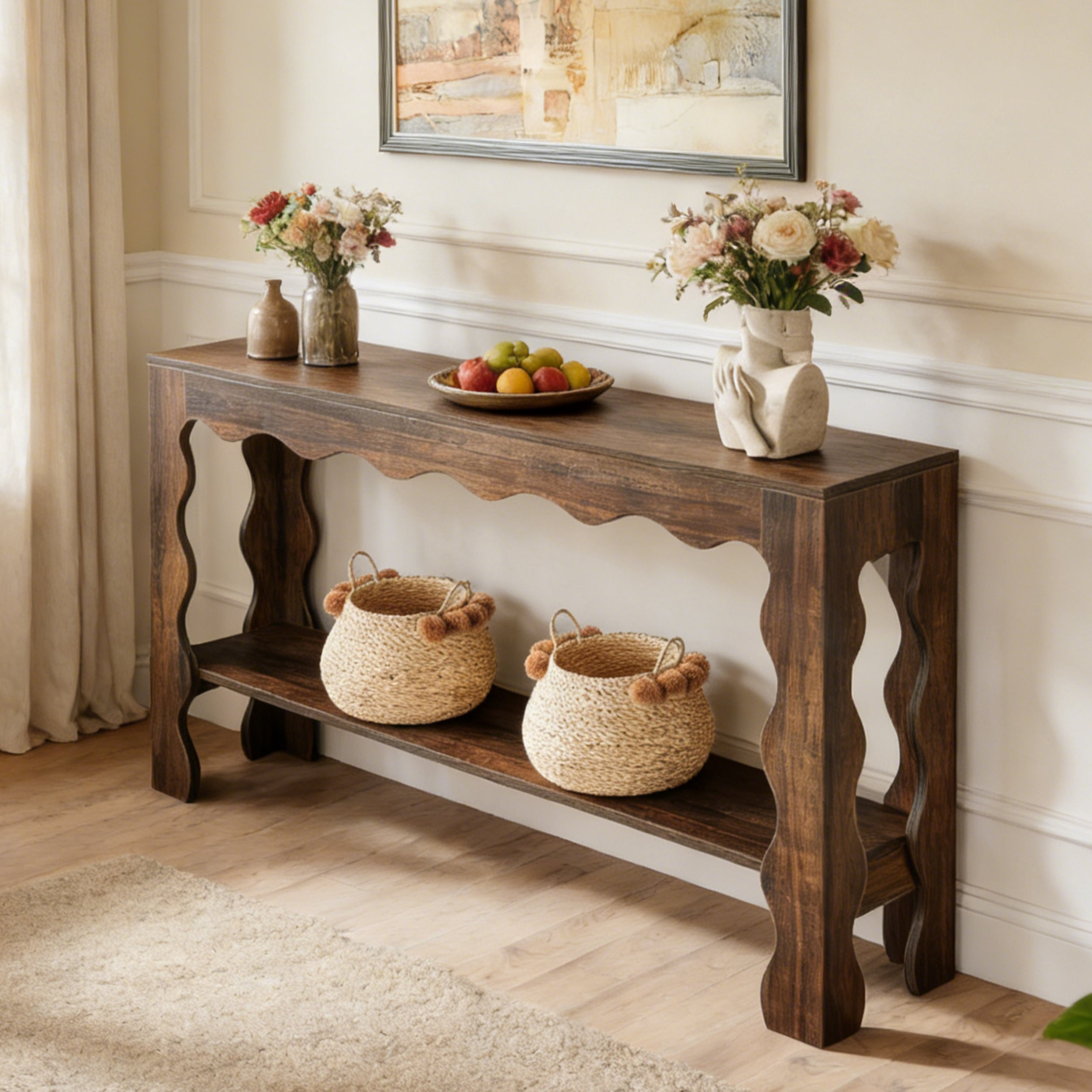 Fnova 63" Farmhouse Console Table with 2-Tier Storage Shelf, Scallop Design Entryway Table, Narrow Sofa Table for Living Room, Hallway, Foyer