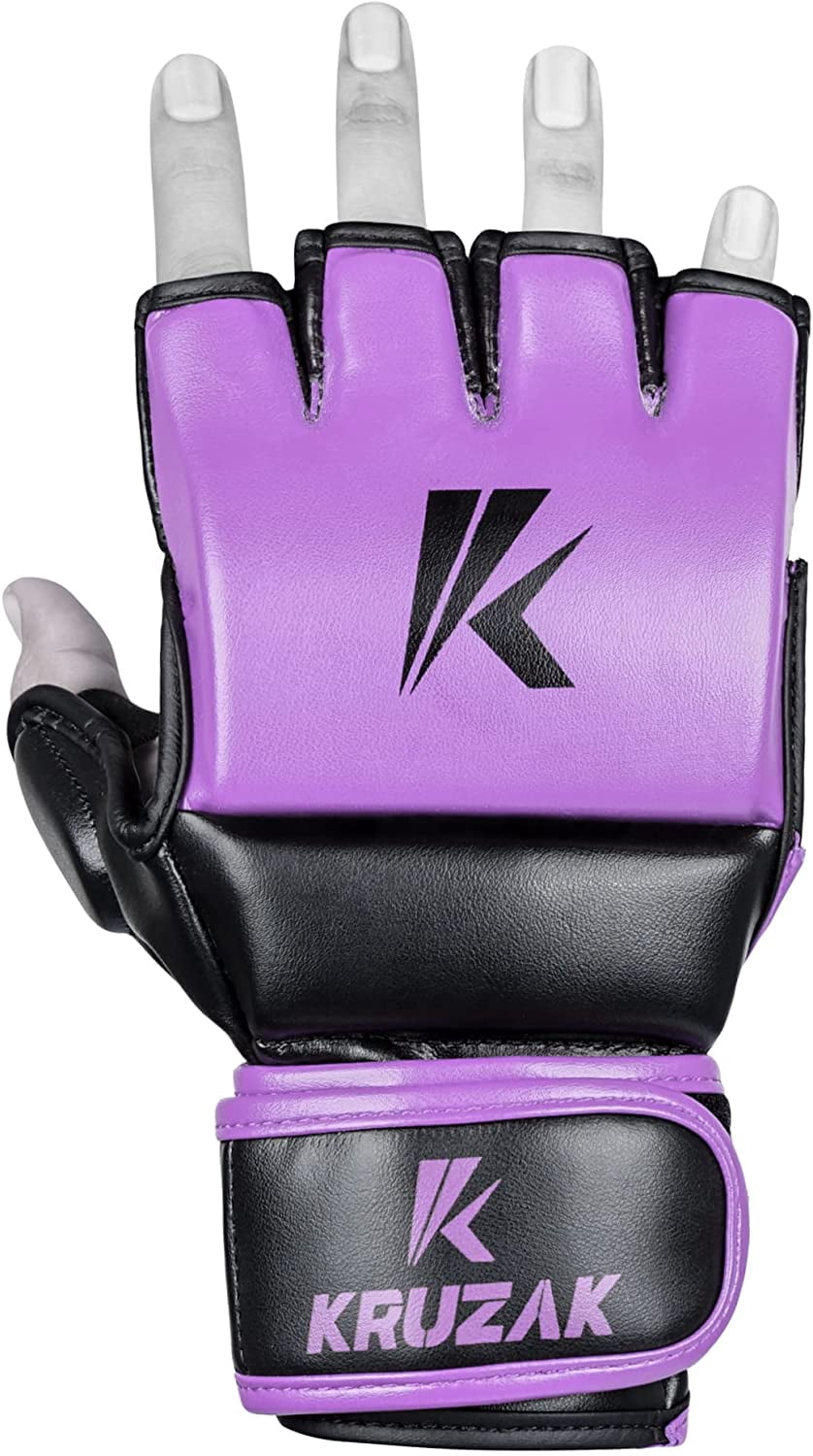 Kruzak Adult Wear-Resistant Half-Finger Synthetic Leather MMA Gloves with Hand Wraps for Kickboxing, Training, Purple, Small/Medium, 2 Piece