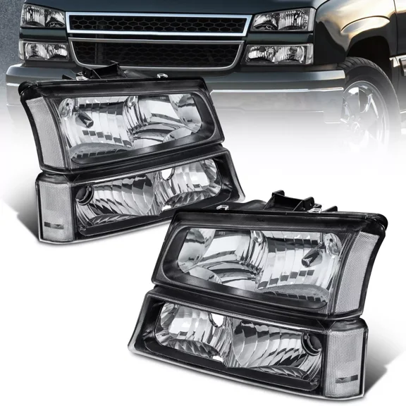 MOSTPLUS Headlights w/Bumper Lamps for 03-06 Chevrolet Avalanche Silverado Black Housing