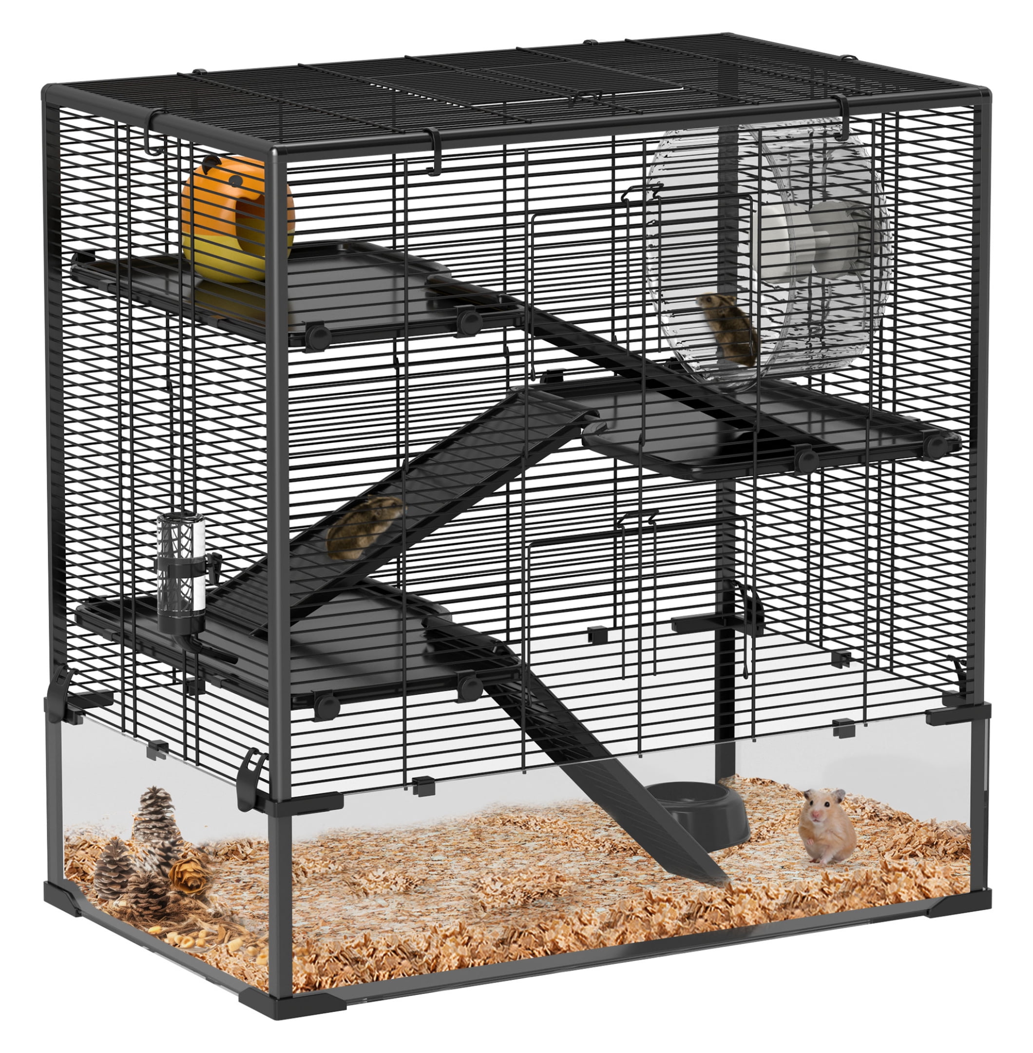 Hamster Cage 4 Tier with Tempered Glass Bottom, Running Wheel & Hut - Mice & Rats Habitat 31"x19"x31.5", Syrian & Dwarf Hamster Cage
