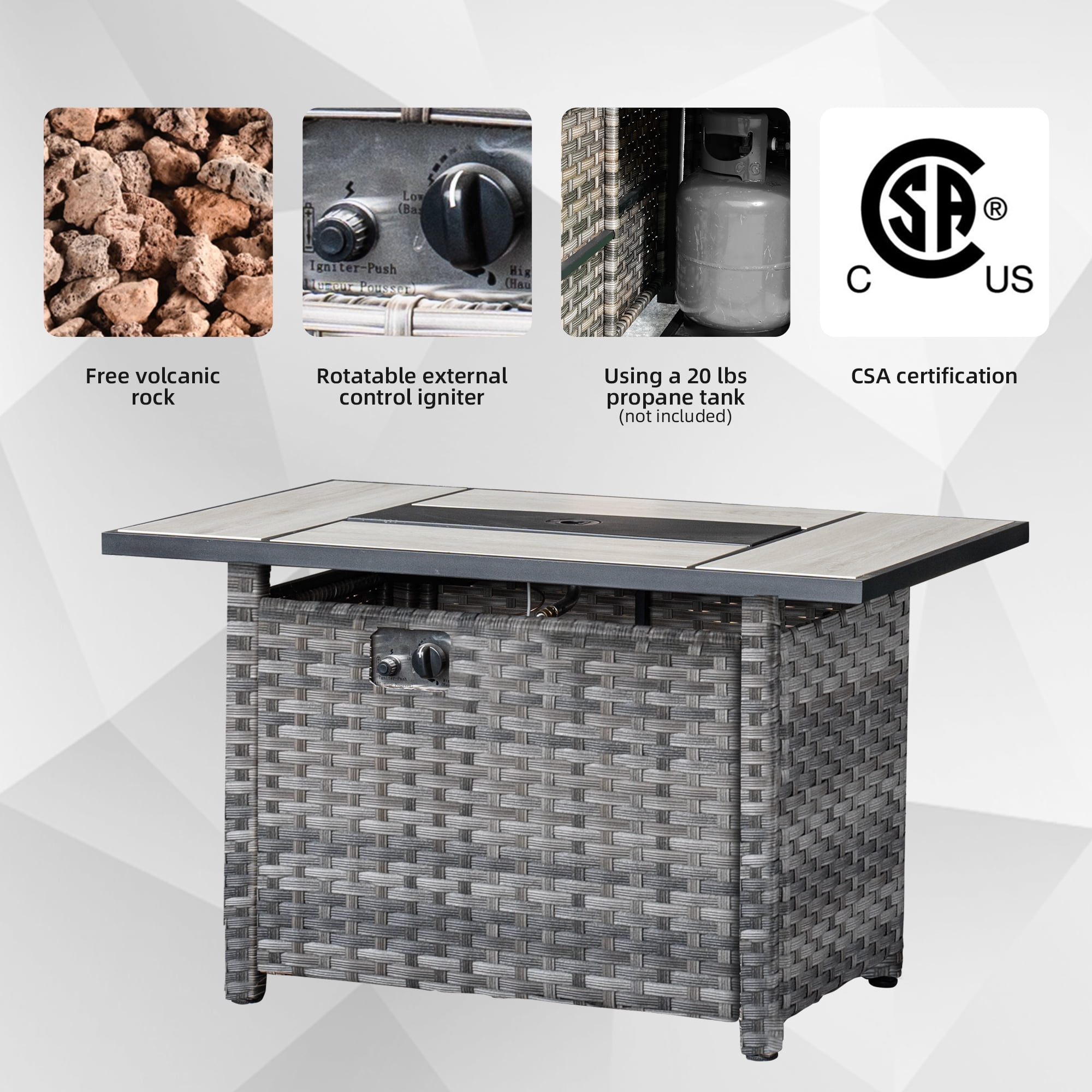 Ovios Outdoor Wicker Propane Fire Pit Table 42-Inch 50,000 BTU Flame Gas Fire Pits for Patio with Waterproof Cover & Lid Rectangle