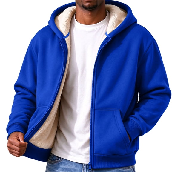 Jackets for Men Fleece Lined Zip Up Hoodie Thick Warm Hoodies Sweatshirt with Pockets Solid Color Casual Winter Hood Coat Royal Blue S