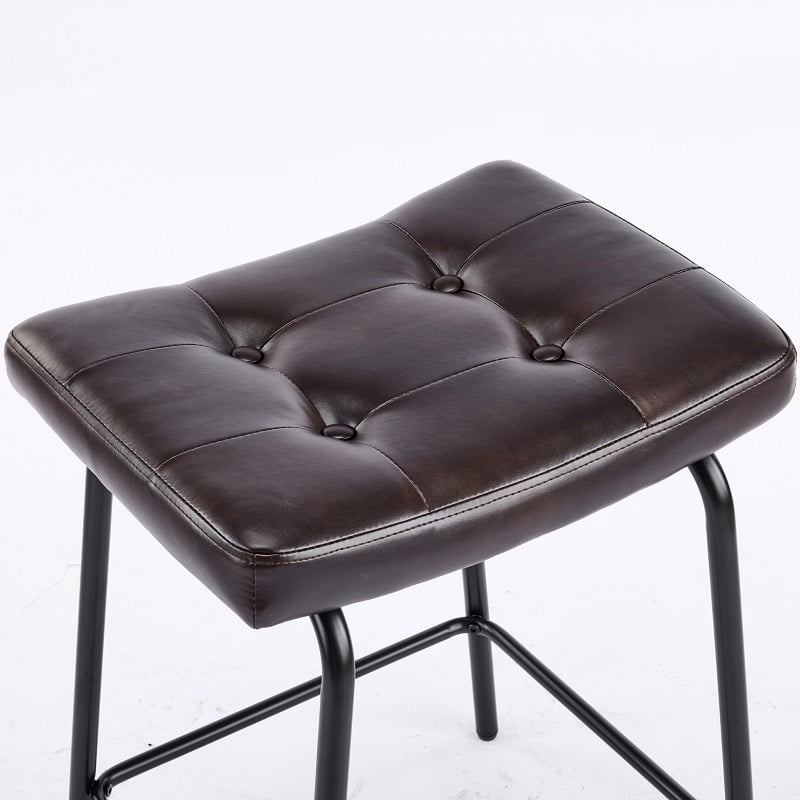 3-Piece 24-Inch Tufted Faux Leather Saddle Counter Stools with Metal Legs, Black Brown