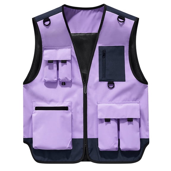 USNSM Men's Multi Pockets Zipper Vest Lightweight Casual Summer Outdoor Travel Cargo Jacket Fashion Waistcoat Purple L