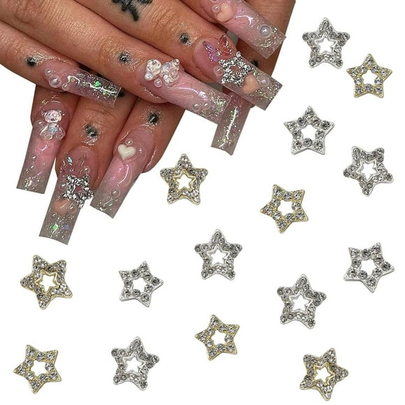 yeuweold 20 PCS Nail Art Charms Star Nail Charms for Acrylic Nails 3D Shiny Nail Art Supplies Gold Silver Nail Gems Crystals Jewelry Design Nail Accessories for Women DIY Nail Decorations