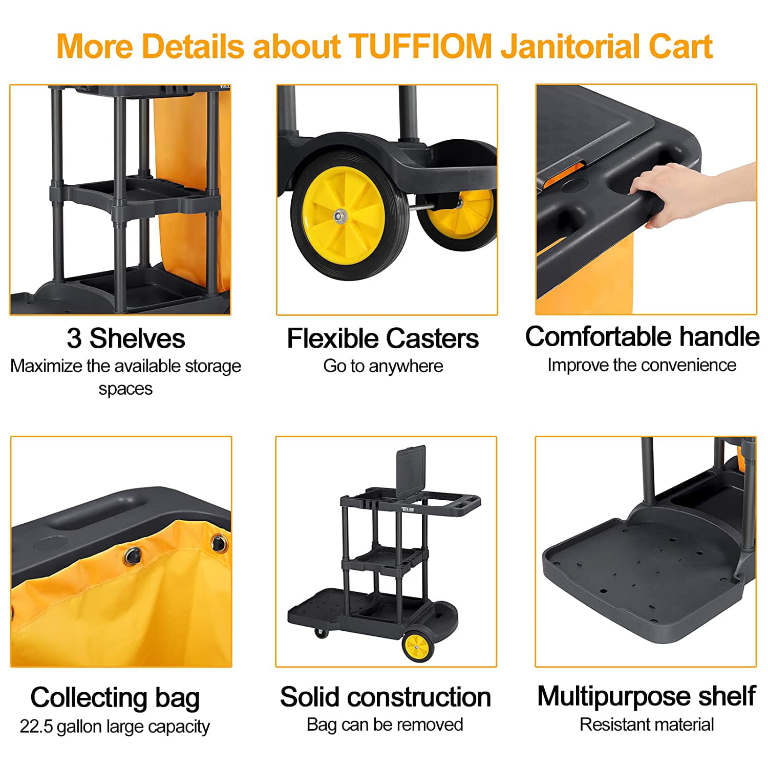 Generic TUFFIOM Commercial Traditional Cleaning Janitorial 3-Shelf Cart,  500 Lbs Capacity Housekeeping Cart, 42.5 L x 18.7