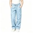 thumbnail image 2 of Cethrio Girls Cargo Pants, Multiple Pockets Casual Relaxed Fit Elastic Waist Straight-leg Pants Blue Size 9-10 T, 2 of 5