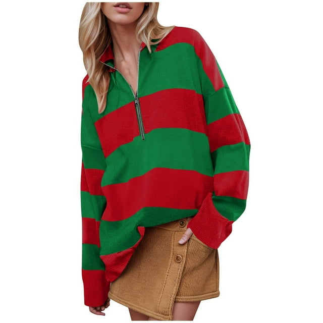 LOVZFMLL Sweaters for Women, Acrylic V-Neck Ribbed Pullover Striped Color Block Fashion Polo Loose Long Sleeve Tops Warm Fall Winter Clothes