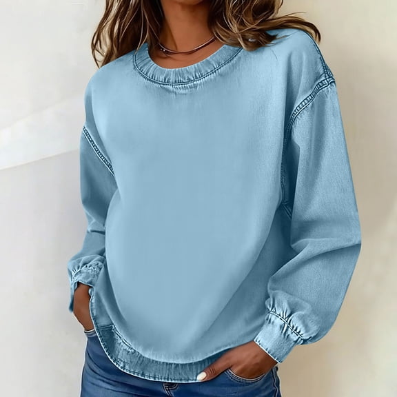 jobturf Sweatshirt for Women Vintage Fashion Denim Jacket Casual Loose Crewneck Sweatshirts Fall Spring Trendy Solid Long Sleeve Tops